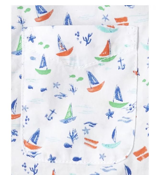 Toddler Boy's Short Sleeve Sailboat Poplin Button Up  Wooven Shirt - White