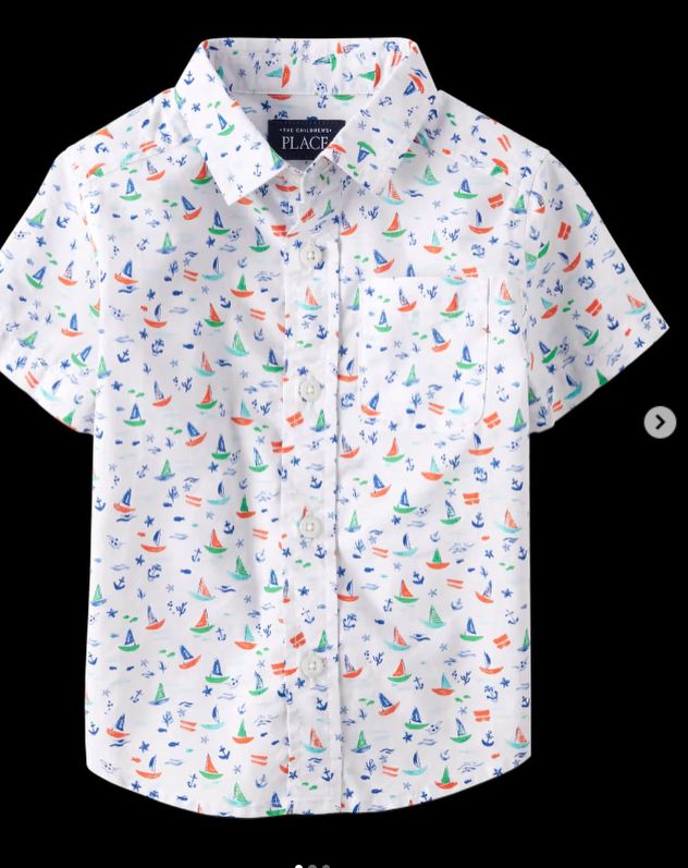 Toddler Boy's Short Sleeve Sailboat Poplin Button Up  Wooven Shirt - White