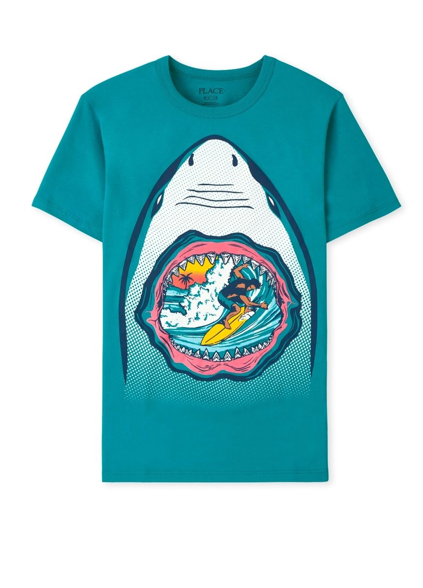Boys Skating Shark Rule The Game Graphic Tshirt - Teal Blue Grey