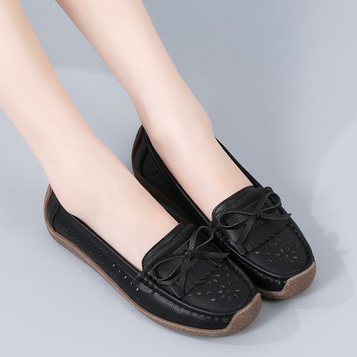 Euro Size 35-44 New Women's Shoes Oxford Flats Women's Soft Soles Cowhide Women's Flats Hollowed Out Summer/Black