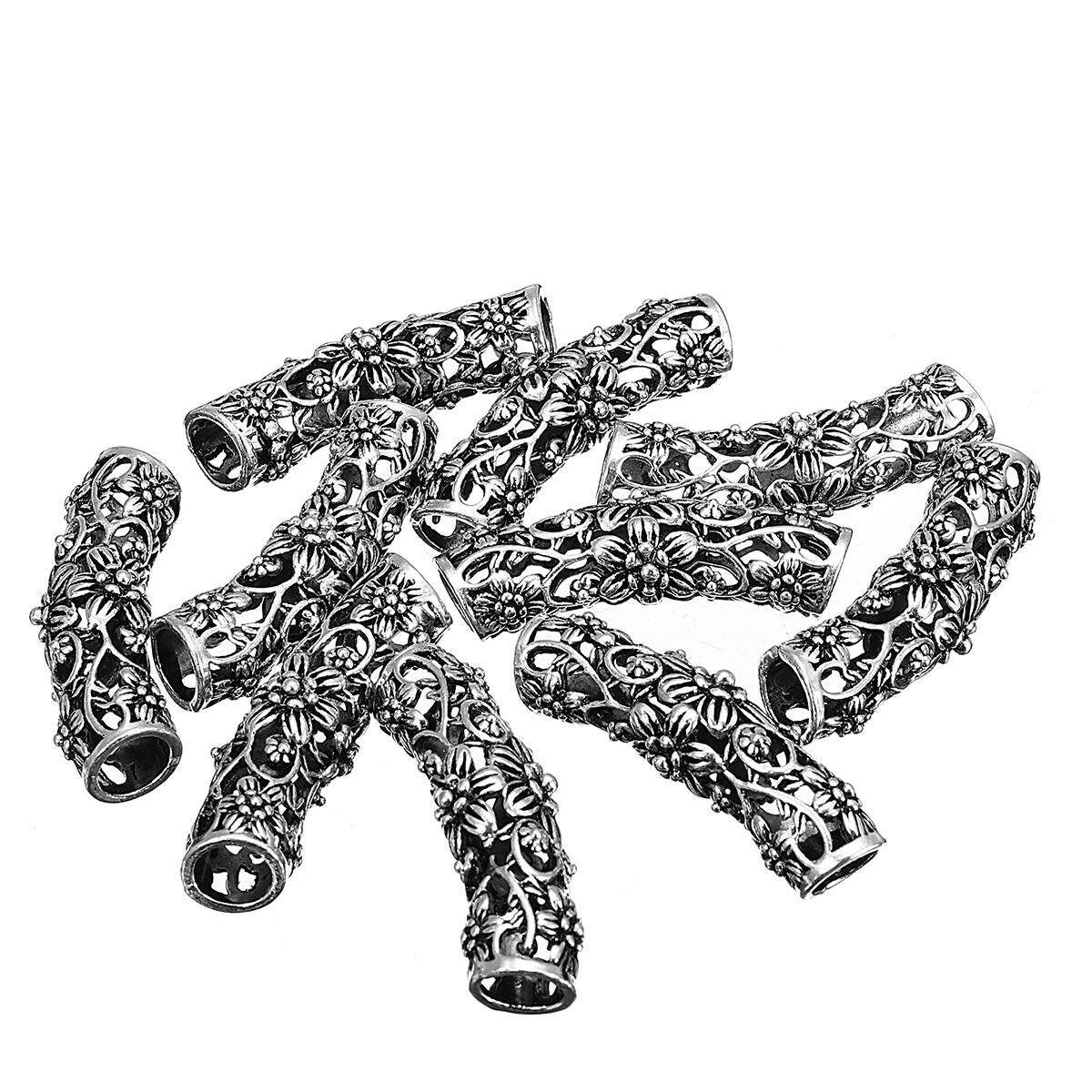 10pcs 7.5mm Flower Tibetan Silver Hollow Bend Tube Dreadlock Beads Decor Jewelry
