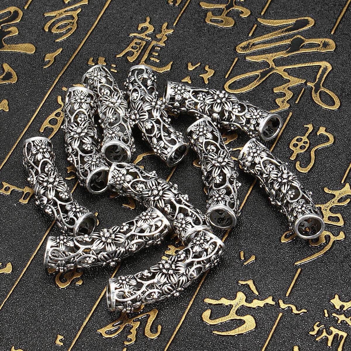 10pcs 7.5mm Flower Tibetan Silver Hollow Bend Tube Dreadlock Beads Decor Jewelry