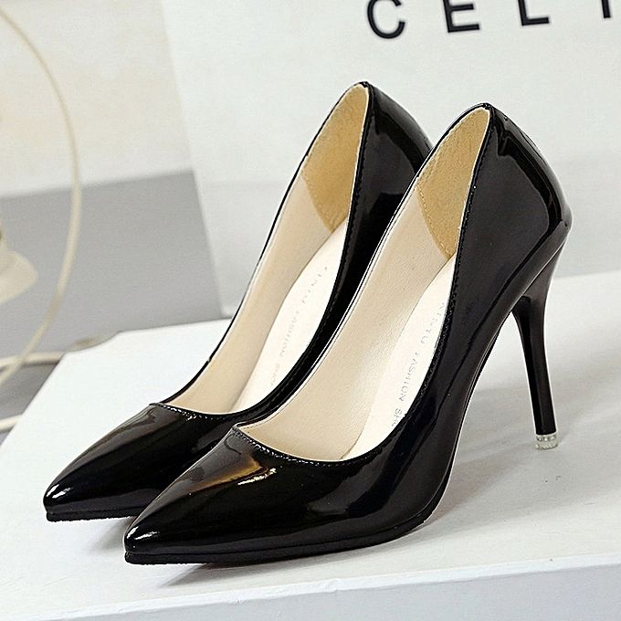 High Quality Ladies Patent Corporate/Casual High Heel Court Shoe - Black