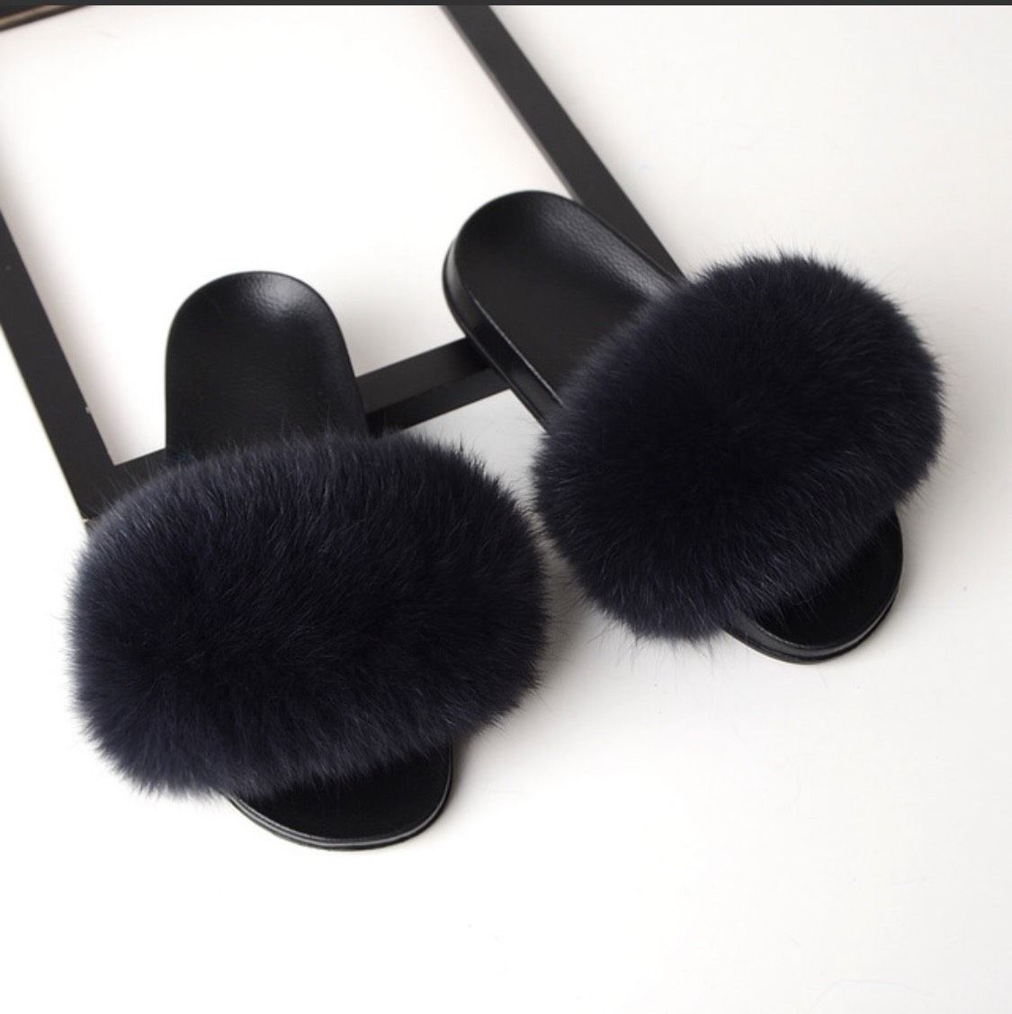 Women Fox Fur Slides - Black