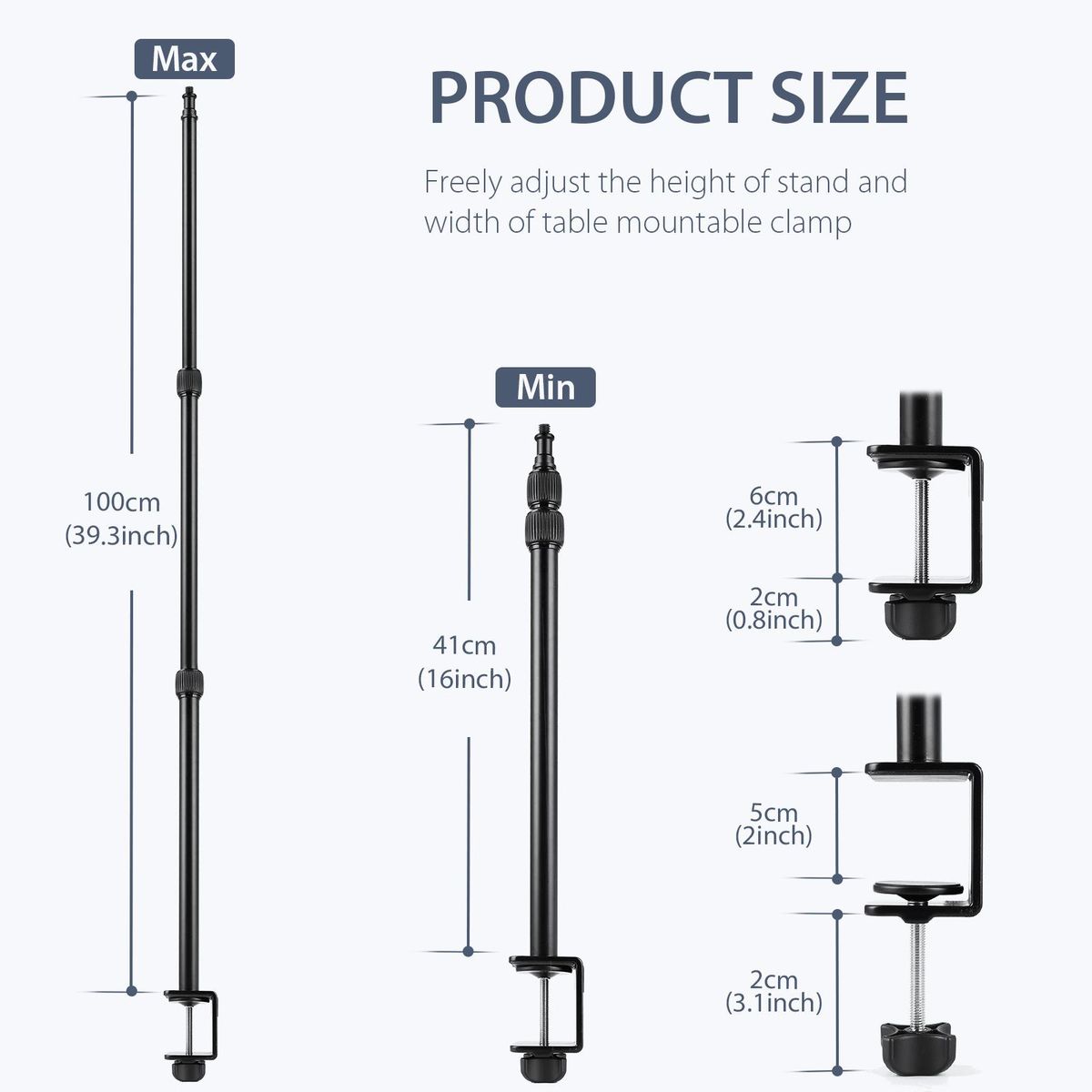Andoer Desk Mount Stand Tabletop C-clamp Mount Aluminum Alloy Light Stand 41-100cm/16in-39.3in Adjustable Height 1/4 Inch Screw with 360° Rotatable Ballhead for DSLR Camera Ring Light Video Light Projector