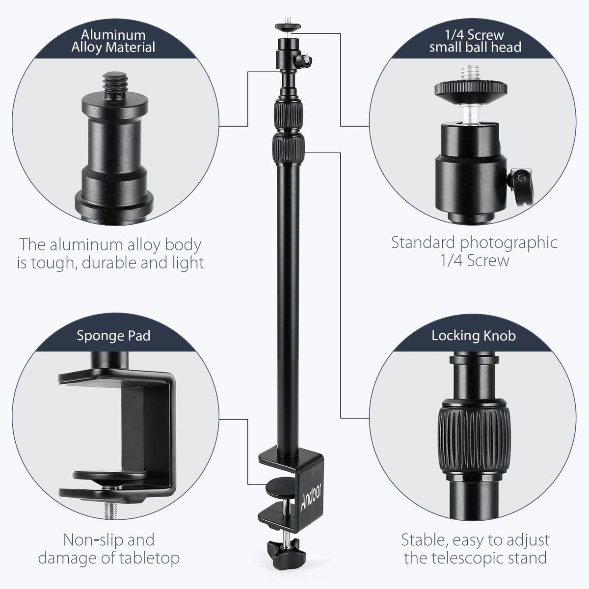Andoer Desk Mount Stand Tabletop C-clamp Mount Aluminum Alloy Light Stand 41-100cm/16in-39.3in Adjustable Height 1/4 Inch Screw with 360° Rotatable Ballhead for DSLR Camera Ring Light Video Light Projector