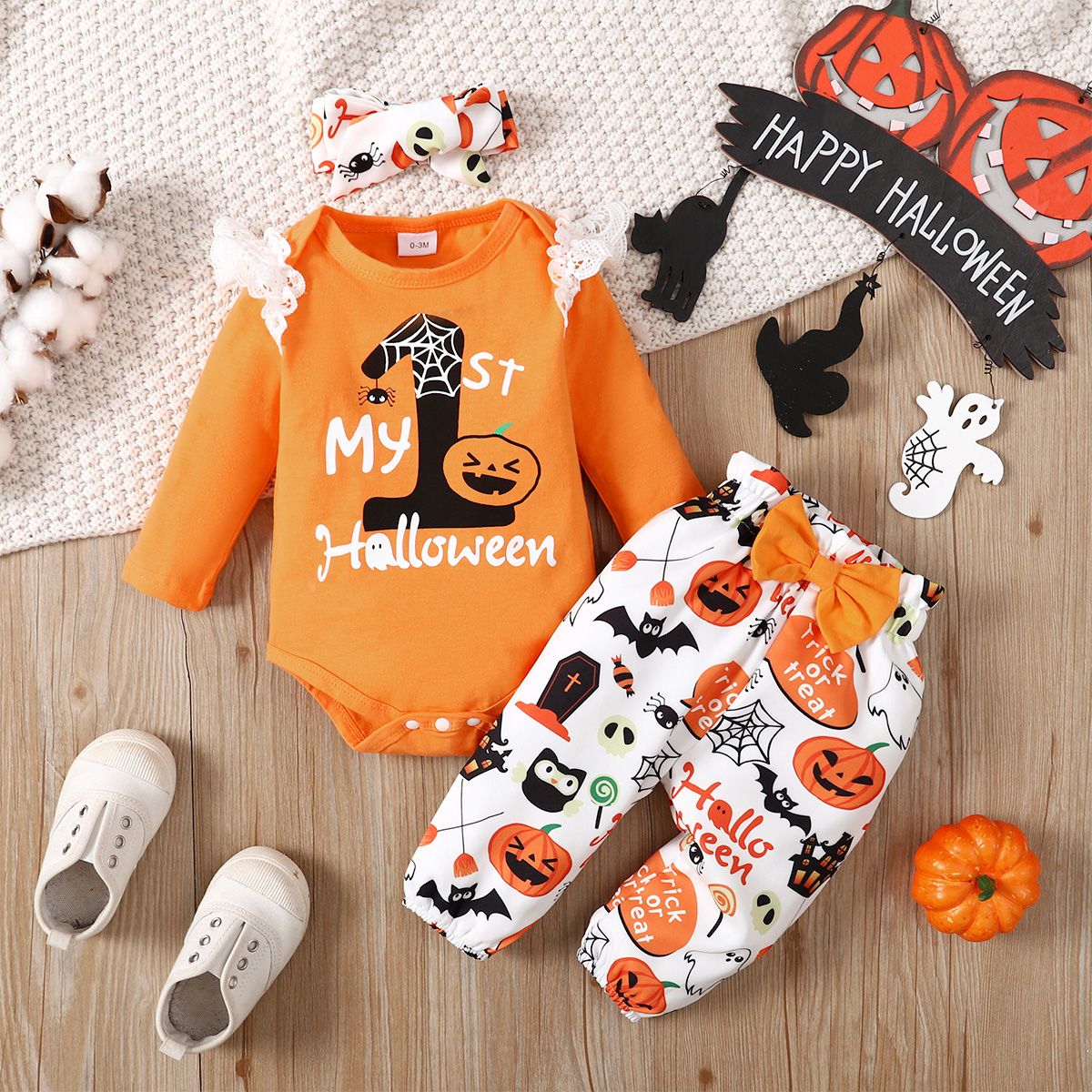 Newborn Baby Girl Halloween Bodysuit+Pumpkin Pants+Headwear