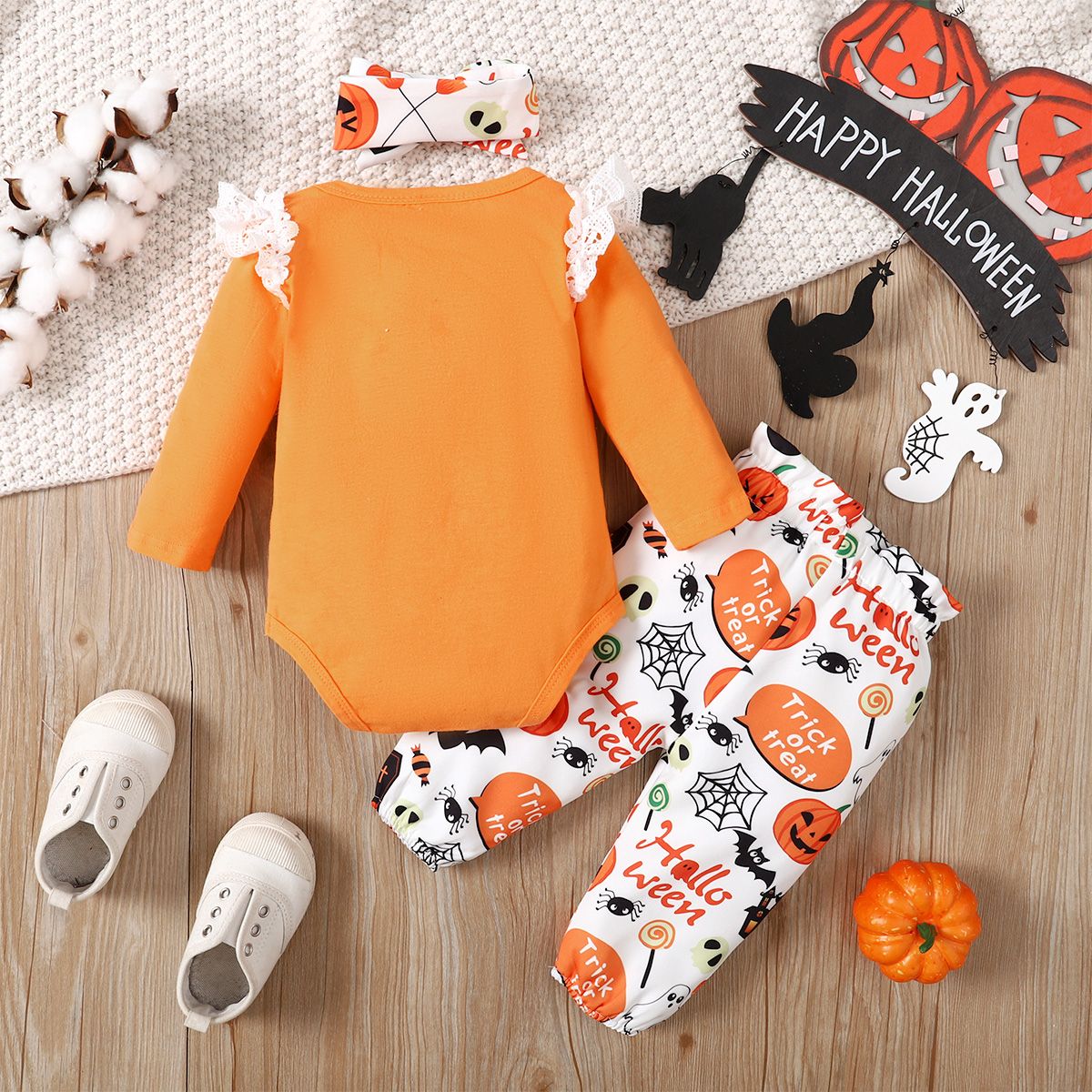 Newborn Baby Girl Halloween Bodysuit+Pumpkin Pants+Headwear