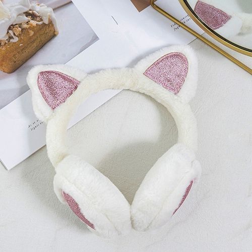 Girls Sequin Cat Ears Earflap Cute Kitten Earmuffs Soft Plush Headband Winter Women Earmuff Warm Fluffy Fur Ear Cover Headphone(#WT)