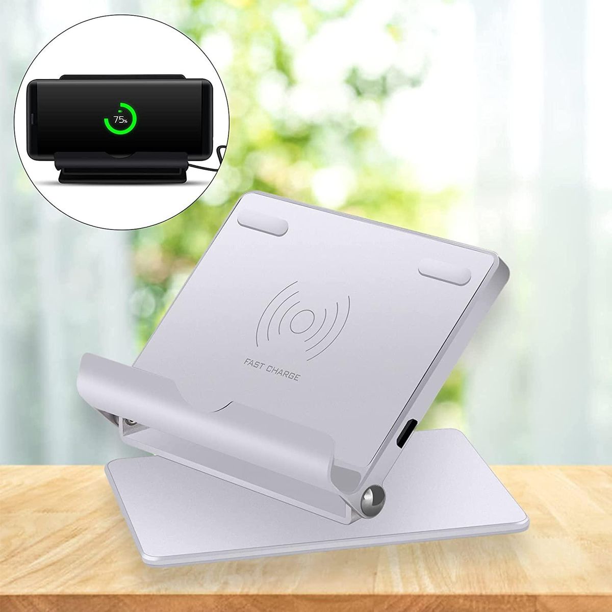 Wireless Charger Freely Adjustable Mount 10W / 7.5W / 5W Auto Power Off for Android Circuit Protection - Silver