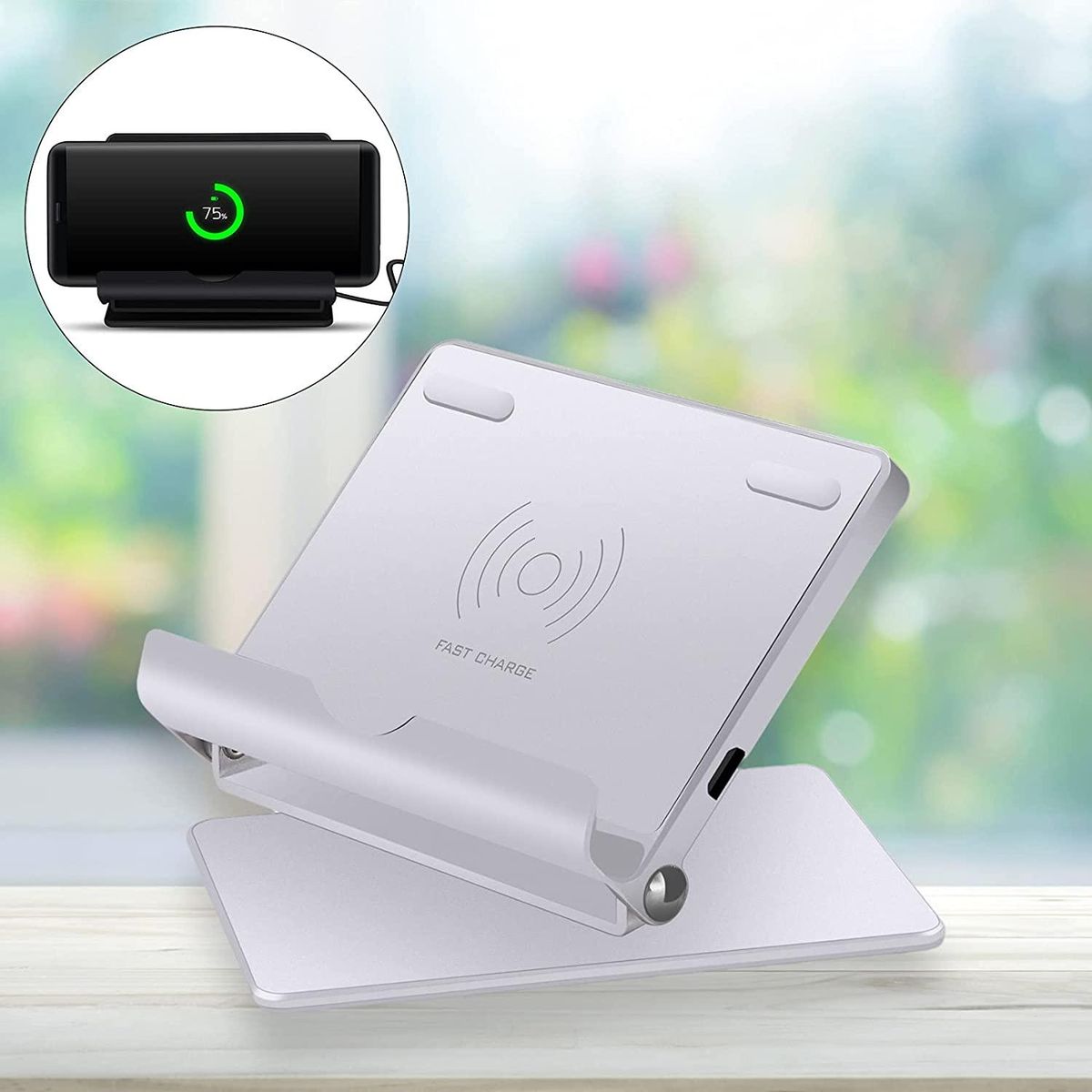 Wireless Charger Freely Adjustable Mount 10W / 7.5W / 5W Auto Power Off for Android Circuit Protection - Silver