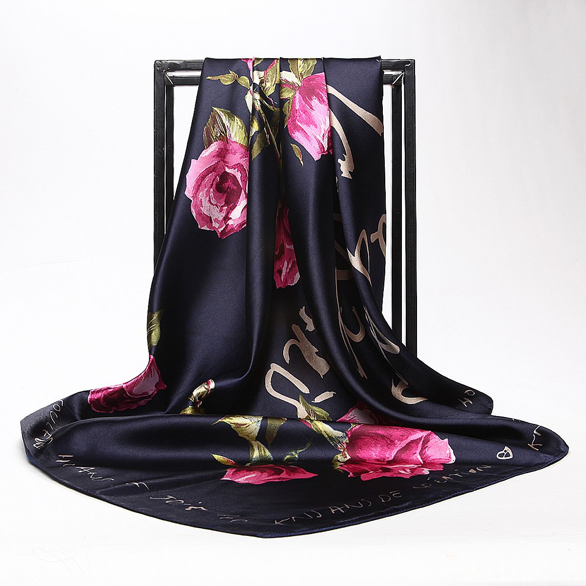 Bandana Scarf Silk Large Square Retro Satin Headscarf Shawl Big Floral Shiny Lady Women Muslim Hijab Navy Blue