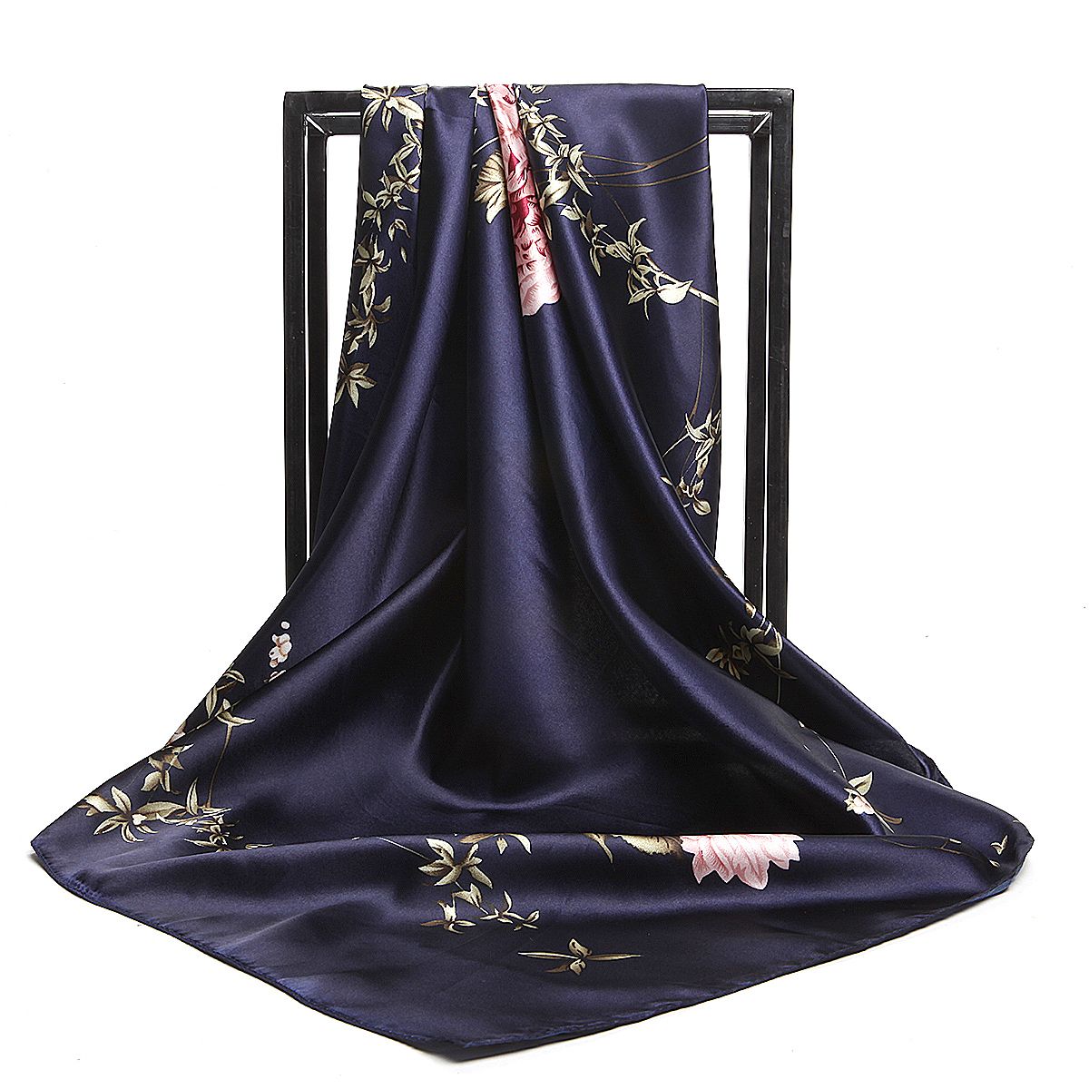Bandana Scarf Silk Large Squares Wedding Gift Shawl Floral Shiny Lady Women Muslim Hijab Dark Blue