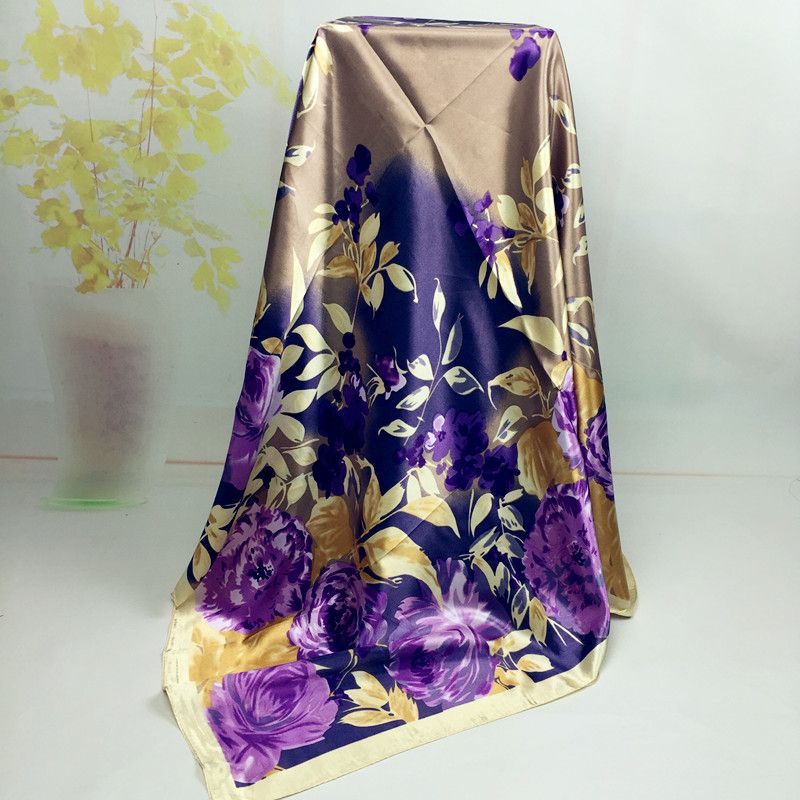 Bandana Scarf Silk Large Square Shawl Satin Gift Bright Floral Shiny Lady Women Muslim Hijab Purple