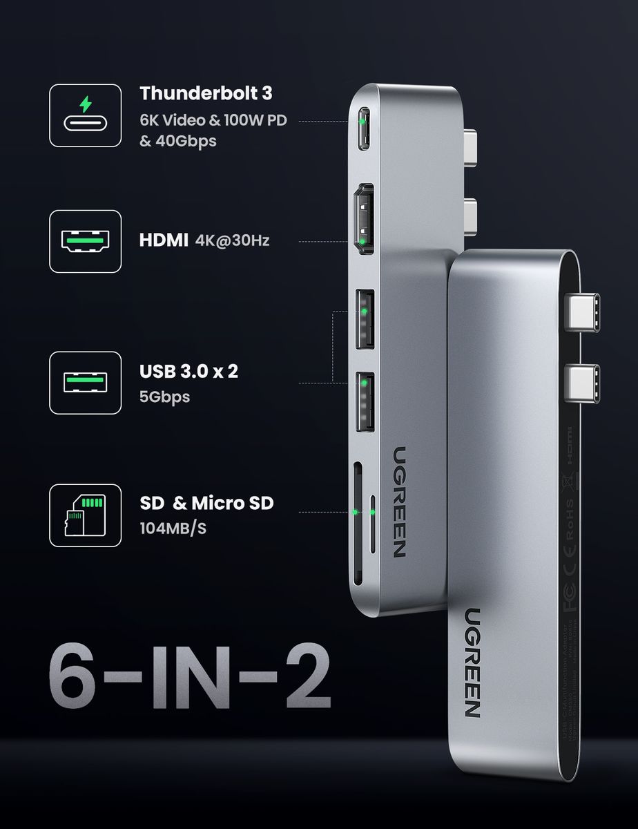 USB C Hub 6in2 With 4K HDMI,2 USB 3.0 Ports,SD/TF Card Reader,Thunderbolt 3 PD