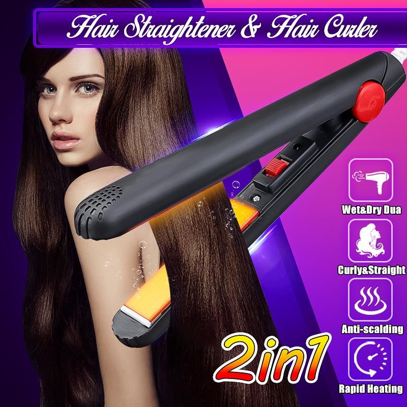 2 In 1 Portable Mini Electric Hair Straightener Flat I Black