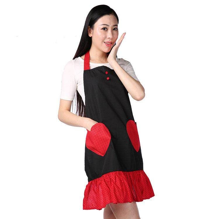 High Quality Cute Double Love Pocket Aprons Women Housewife Waiter Kitchen Cook New Tool Kitchen Waterproof Aprons