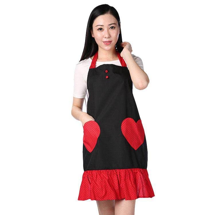 High Quality Cute Double Love Pocket Aprons Women Housewife Waiter Kitchen Cook New Tool Kitchen Waterproof Aprons