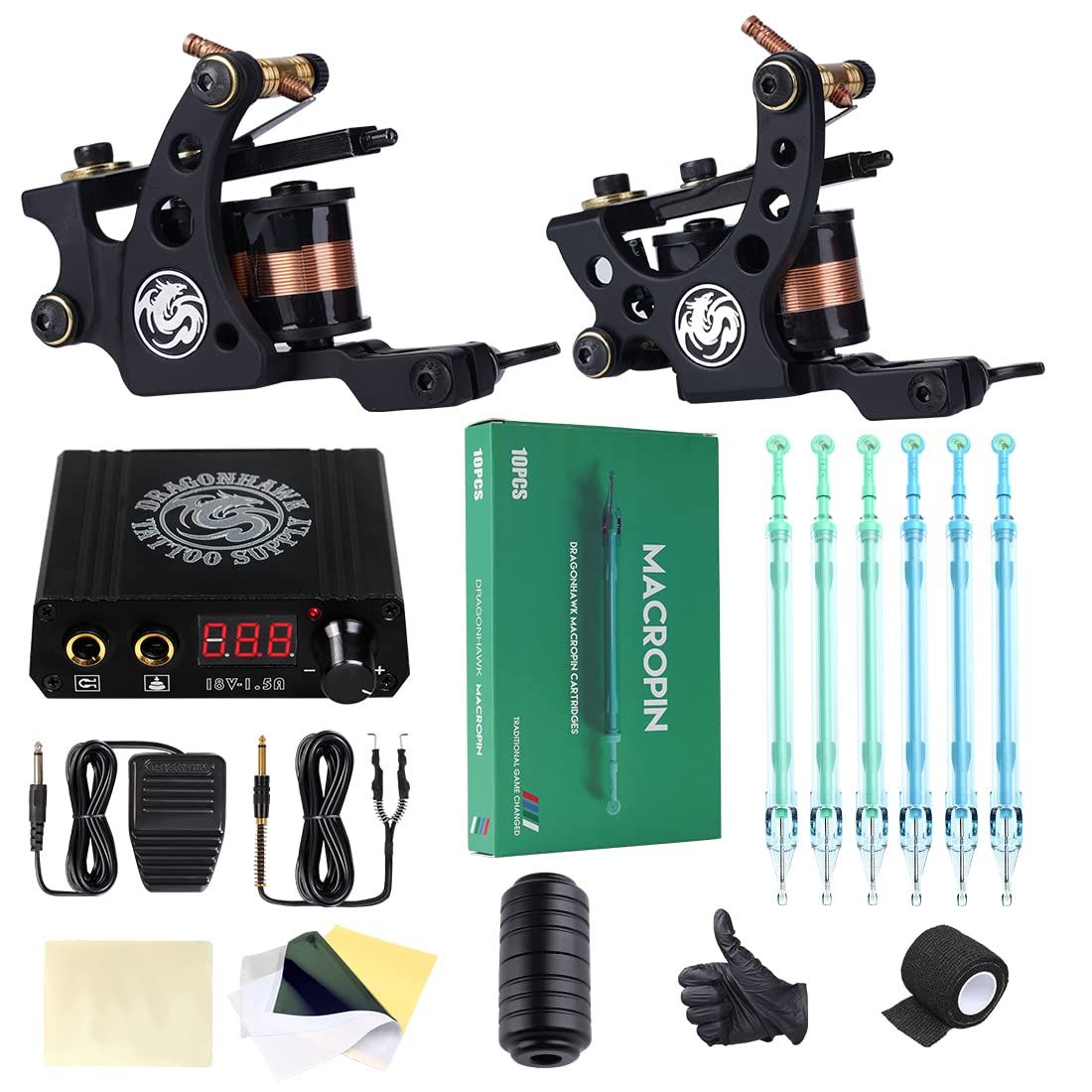 Tattoo Kit 2pcs Tattoo Gun Power Supply With WJX Macropin Cartridges Needles