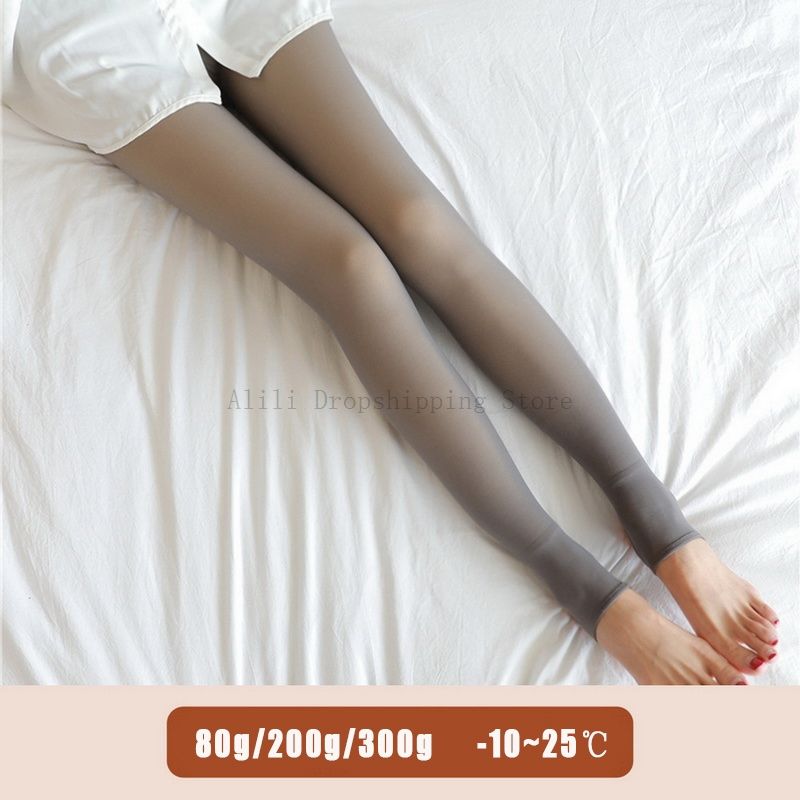 Thermal Stockings Woman Panty Skin Effect Fleece Lined Tights Translucent For Women Warm Winter Sock Pants\n Gray Step On Foot