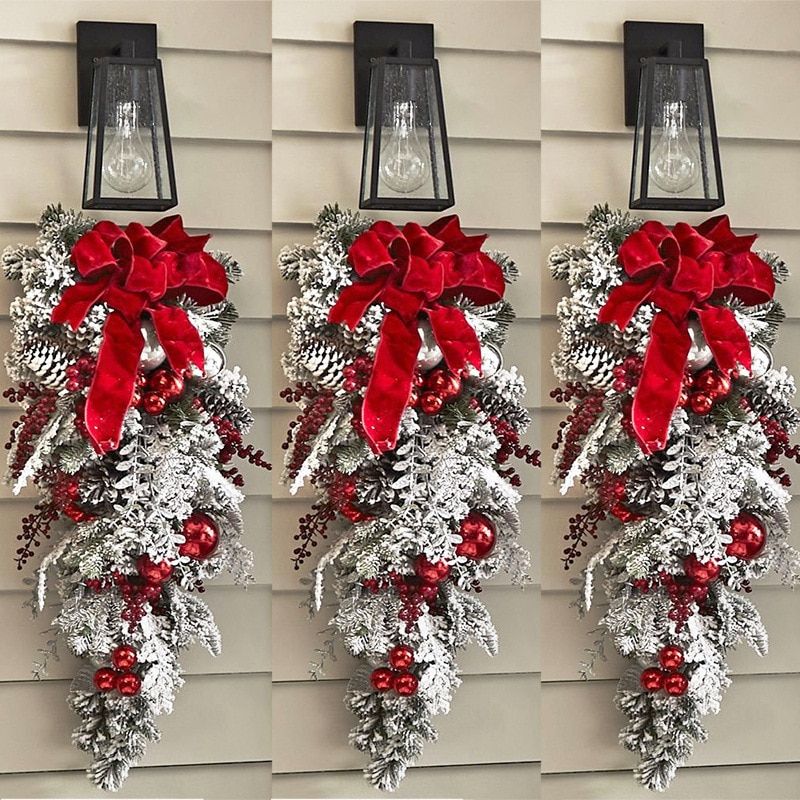 Christmas Wreath Set For Front Door Flocking Wreath Large Fireplace 1.2M Door Flocking Rattan Garland Outdoor Christmas Decor 45cm Side Wreath
