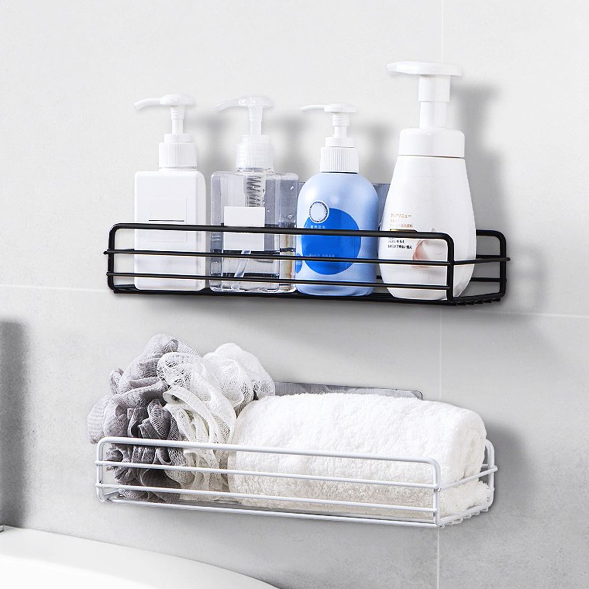 Iron Wall-mounted Self-adhesive Bathroom Kitchen Shelf-Black