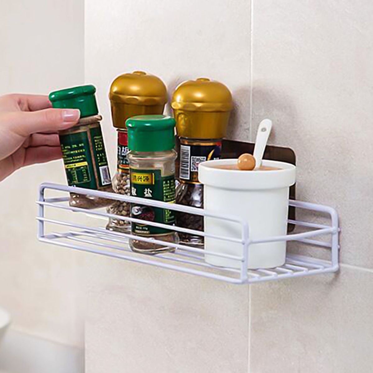 Iron Wall-mounted Self-adhesive Bathroom Kitchen Shelf-Black