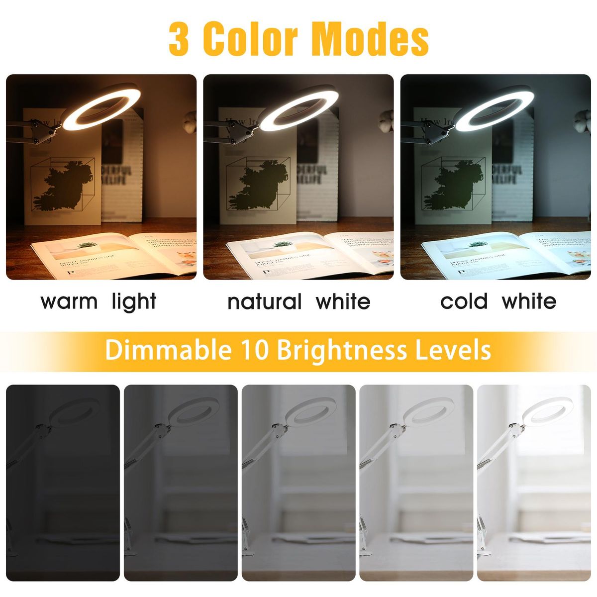Tomshine Flexible Clamp-on Table Lamp Swing Arm Dimmable LEDs Desk Light 3 Color Modes & 10 Brightness Levels Reading Working Studying Light