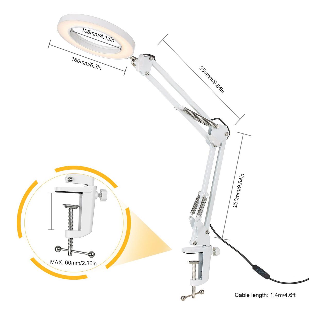 Tomshine Flexible Clamp-on Table Lamp Swing Arm Dimmable LEDs Desk Light 3 Color Modes & 10 Brightness Levels Reading Working Studying Light