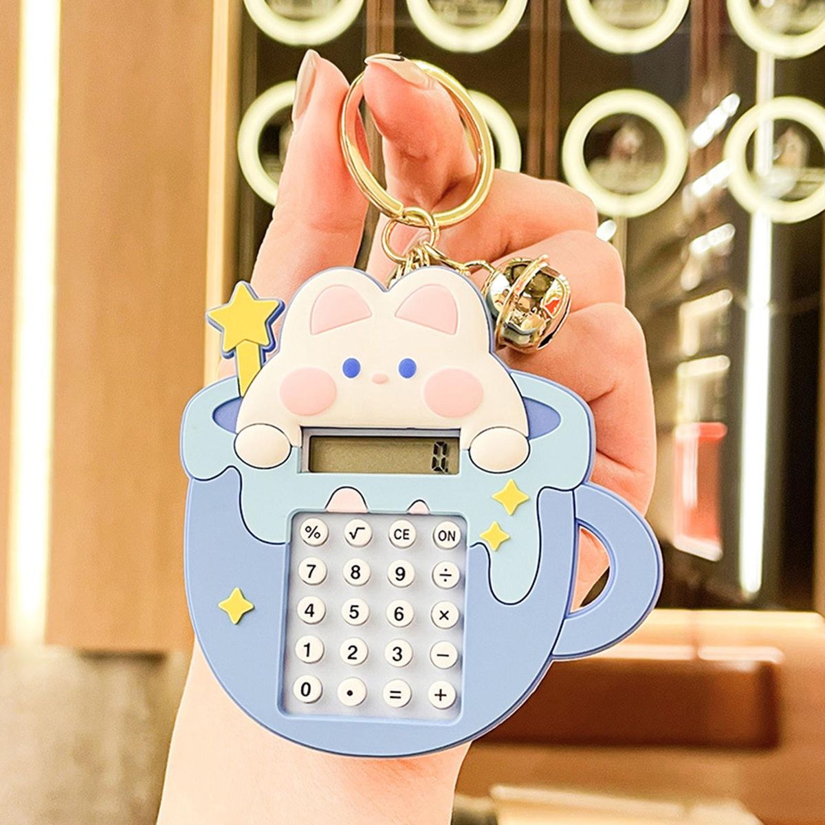Mini Pocket Calculator Adorable Cartoon Keychain Calculator Portable Blue