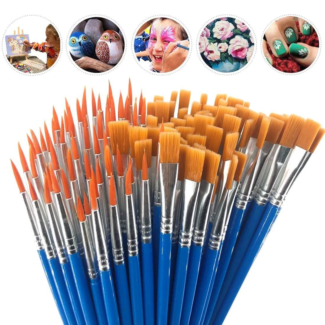 120 Pcs Flat and Round Paint Brushes Set,Pointed Flat Nylon