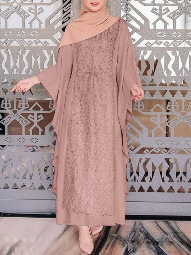 Women Long Sleeve Lace Patchwork Bat Sleeve Kaftan Tunic Solid Color Pleats Midi Dresses