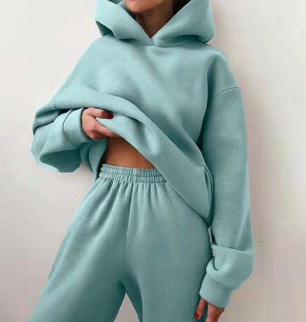Women Tracksuit Hoodies Casual Solid Long Sleeve Fleece Warm Hooded Sportswear Suit Hoody Pullovers Long Pant Two Pieces Sets(#light Green)