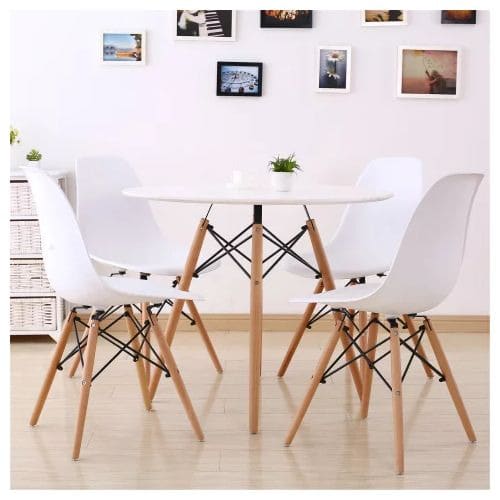 Wooden Leg Dining Table And 4 Chair Set - White