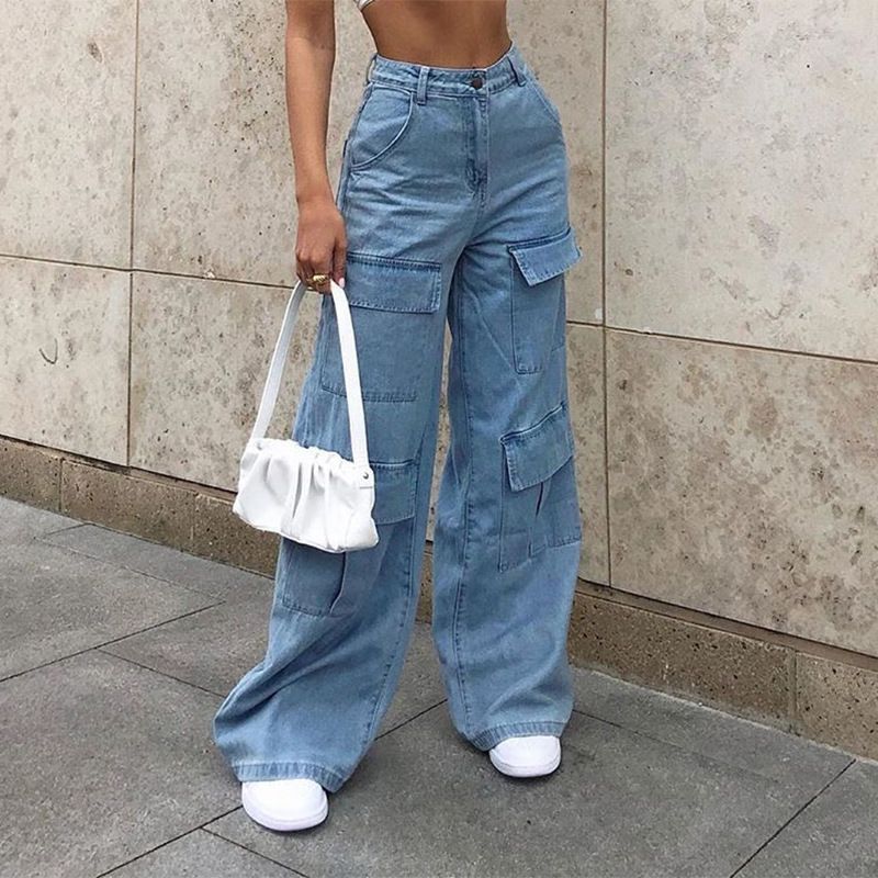 (Black)Women 90s Y2K Patchwork Wide Leg Mom Jeans Big Pocket Cargo Pants Vintage Mopping Pants Casual Streetwear Boyfriend Denim Jeans ACU
