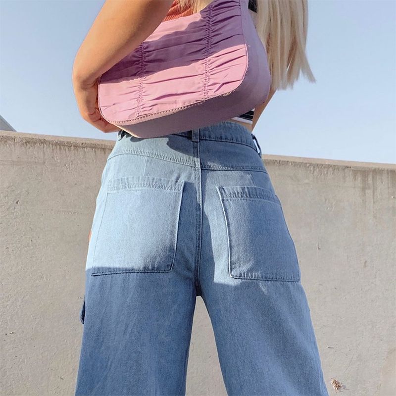 (Black)Women 90s Y2K Patchwork Wide Leg Mom Jeans Big Pocket Cargo Pants Vintage Mopping Pants Casual Streetwear Boyfriend Denim Jeans ACU