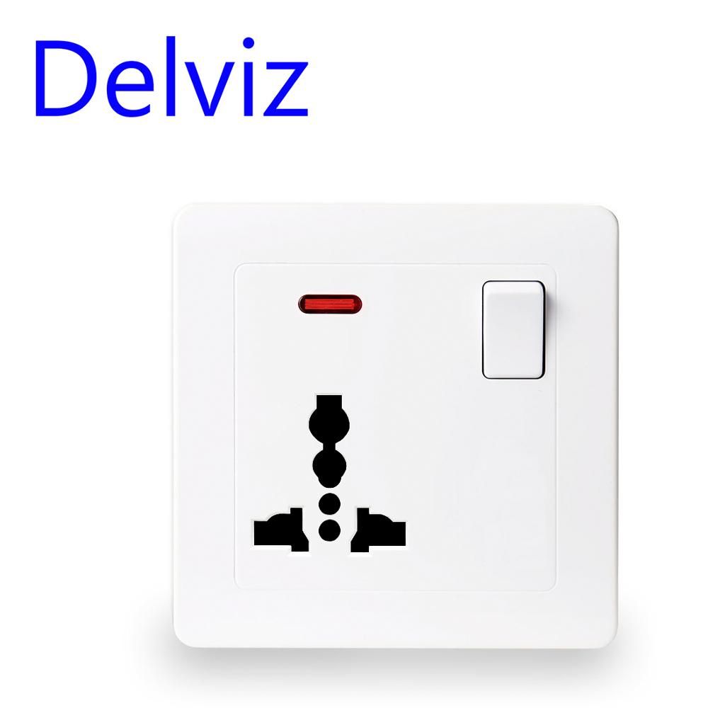 Delviz Wall Power Socket, 13A International Standard Universal 3 Hole, Switched Control LED Indicator, White/Golden AC 110 250V