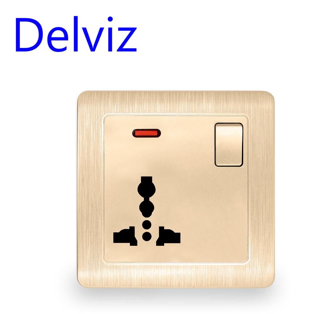 Delviz Wall Power Socket, 13A International Standard Universal 3 Hole, Switched Control LED Indicator, White/Golden AC 110 250V