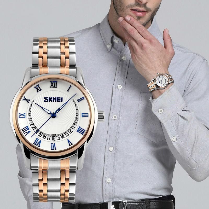 Stainless Steel Men Business Luxury Watch Men Famous Brand Quartz Watch Roman Numerals Male Wristwatch - Gold Black