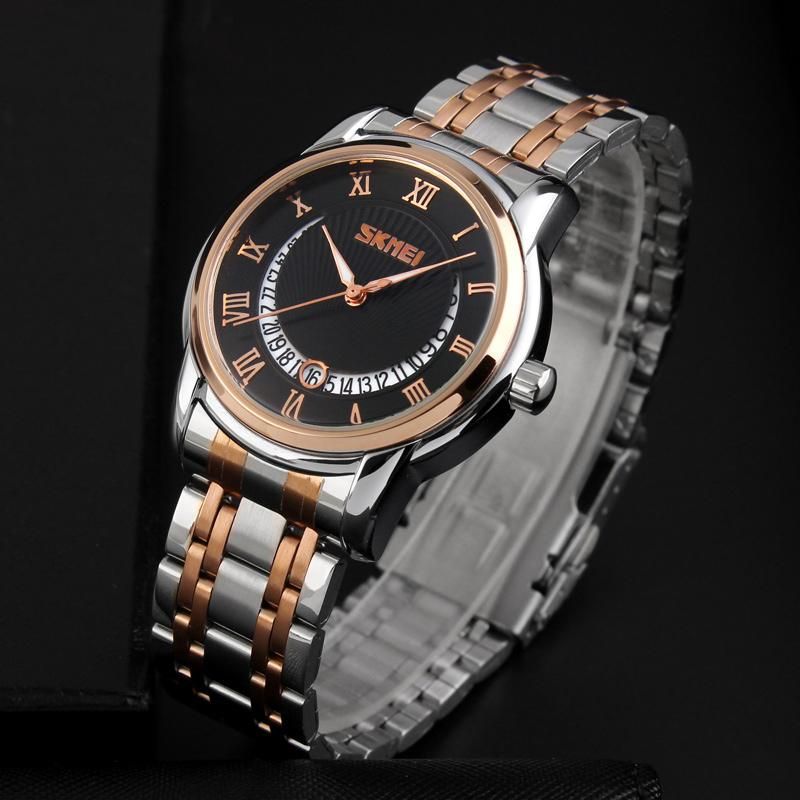 Stainless Steel Men Business Luxury Watch Men Famous Brand Quartz Watch Roman Numerals Male Wristwatch - Gold Black