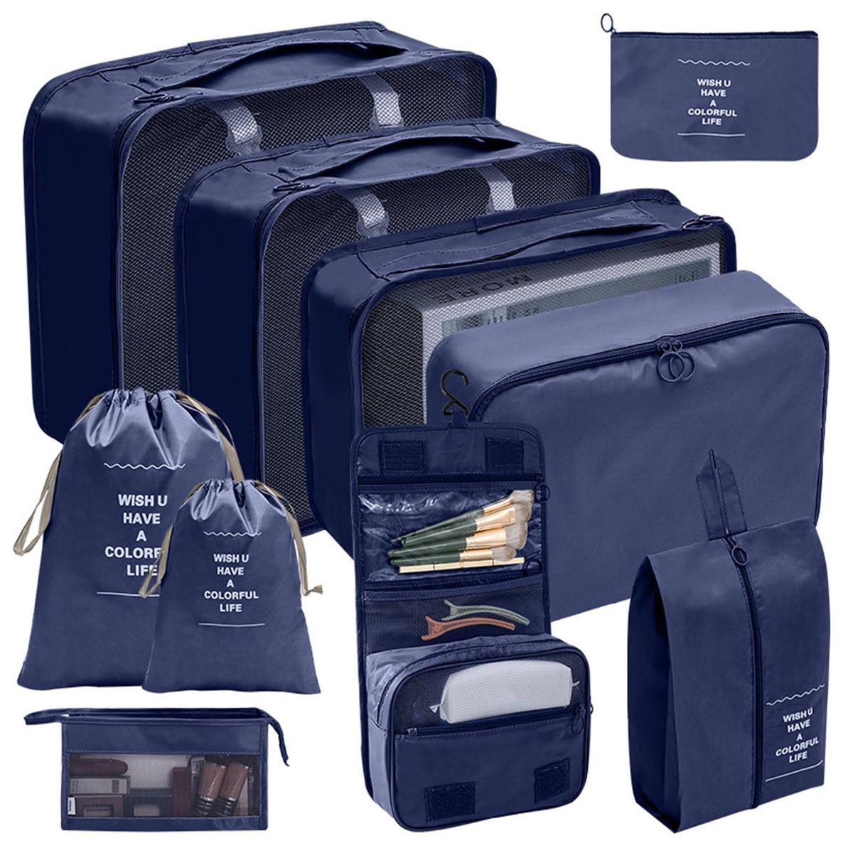10PcsSet Luggage Packing Organizers Buckles Travel Shoe Cosmetic Bags Navy Blue
