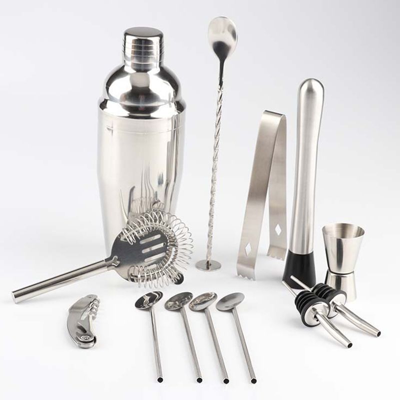 14 In 1 Stainless Steel Cocktail Shaker Tools Set With Bamboo Mount, Capacity: 750ml