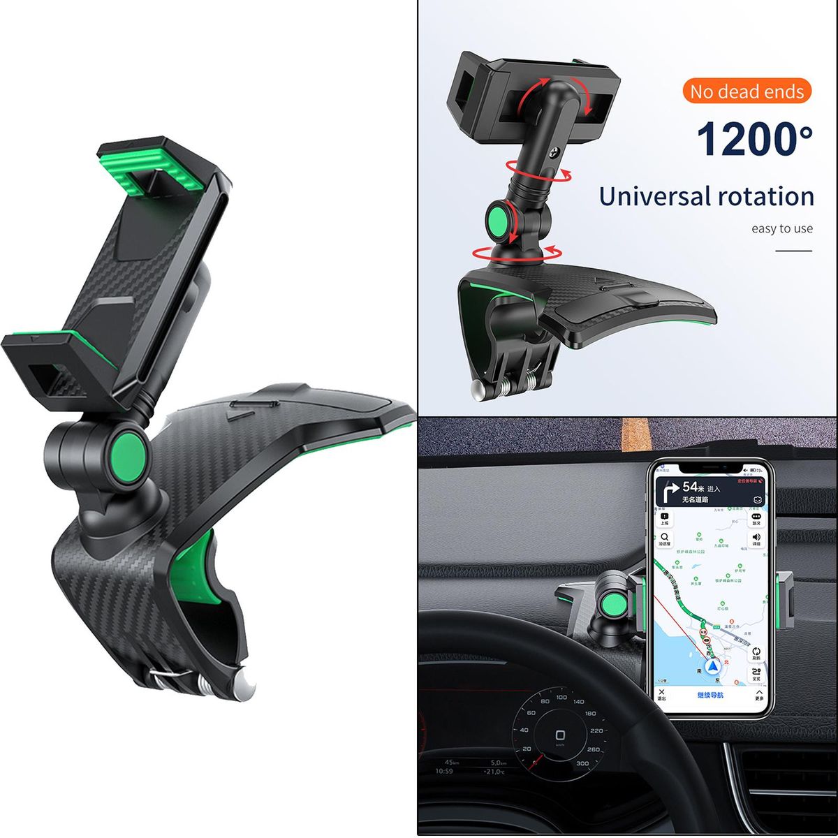 Car Phone Holder With Auto Retractable Clamp Dashboard Black Green