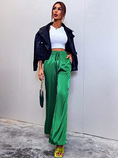 Green  Luxury Turkey Shiny Silk Trouser Dress Women's Elastic Waist Wide Leg Palazzo  Pants