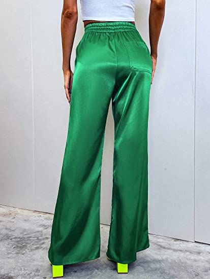 Green  Luxury Turkey Shiny Silk Trouser Dress Women's Elastic Waist Wide Leg Palazzo  Pants