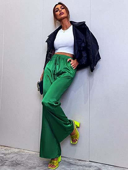 Green  Luxury Turkey Shiny Silk Trouser Dress Women's Elastic Waist Wide Leg Palazzo  Pants