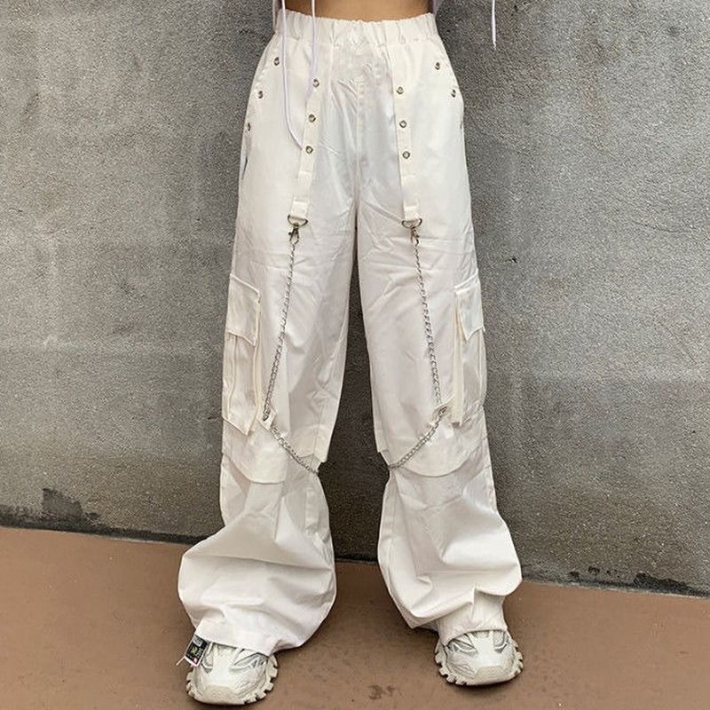 Qweek Harajuku Gothic White Cargo Pants With Chain Women Mall Goth Hot Pants