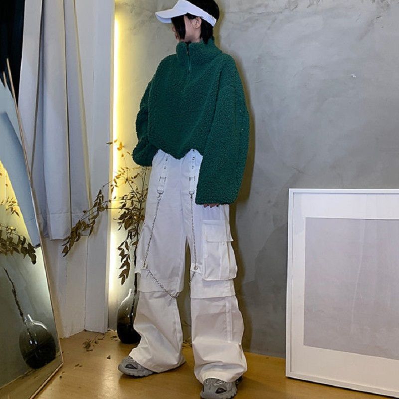 Qweek Harajuku Gothic White Cargo Pants With Chain Women Mall Goth Hot Pants