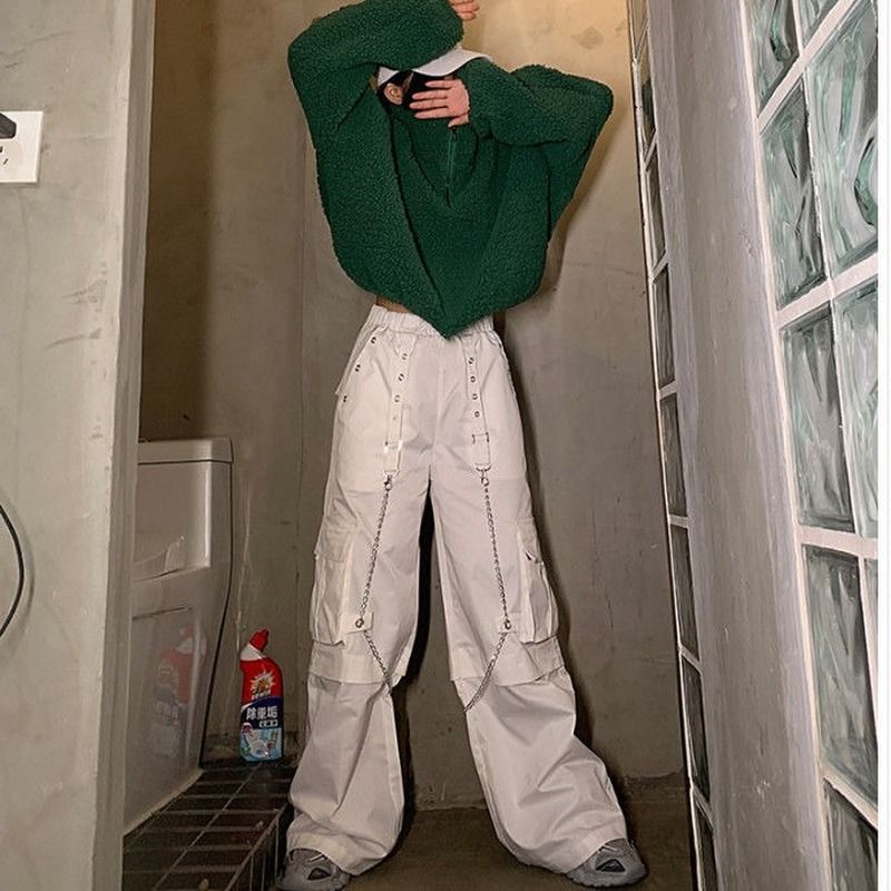 Qweek Harajuku Gothic White Cargo Pants With Chain Women Mall Goth Hot Pants