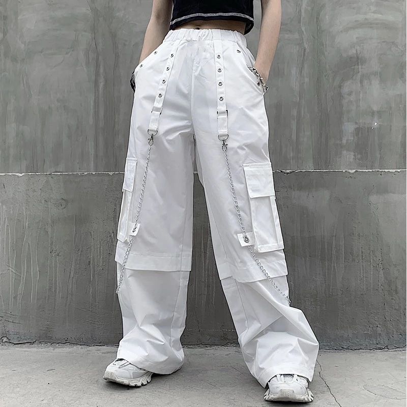 Qweek Harajuku Gothic White Cargo Pants With Chain Women Mall Goth Hot Pants